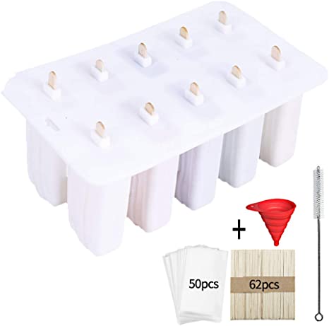 Frozen Ice Cream Pop Mold with Cover Lid,Silicone Popsicle Mold for Toddlers, Kids and Adults,10 Cavity Maker Lolly Mould  62 Wooden Sticks 50 Popsicle Bags   Silicone Funnel  Cleaning Brush-BPA Free