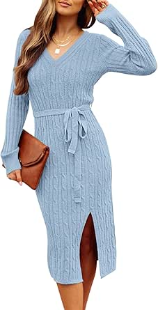 MEROKEETY Women's V Neck Cable Knit Sweater Dress Long Sleeve Bodycon Slit Pullover Midi Dress with Belt