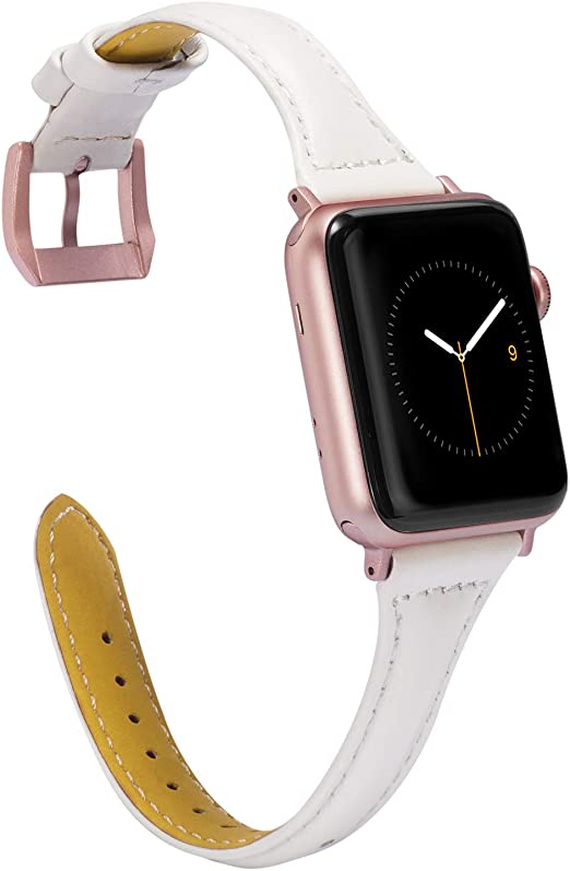 Wearlizer Thin White Leather Compatible with Apple Watch Band 38mm 40mm Womens for iWatch Sport Slim Strap Leisure Wristband Replacement Bracelet(Rose Gold Metal Clasp) Series 4 3 2