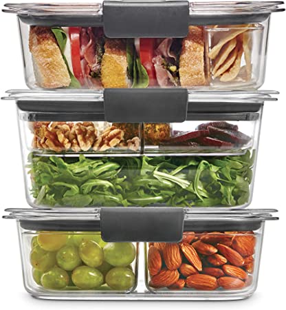 Rubbermaid 12-Piece Brilliance Food Storage Containers with Dressing Container, Trays, and Lids for Lunch, Meal Prep, and Leftovers, Dishwasher Safe, Clear/Grey