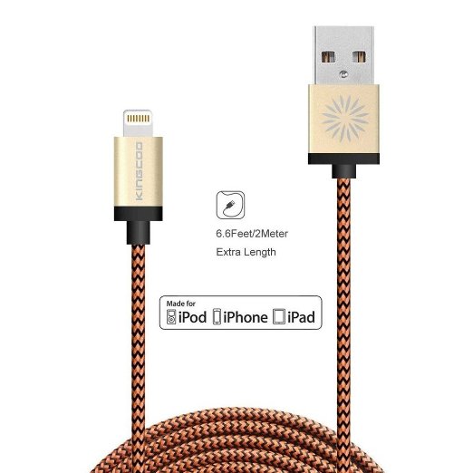 Lightning Cable, [Apple MFi Certified] KINGCOO 6ft/2M Nylon Braided 8 Pin Lightning to USB Sync Cable Charging Cord for iPhone 6S / 6S Plus/ 6 / 6 Plus, iPad Pro Air 2 and More - Orange