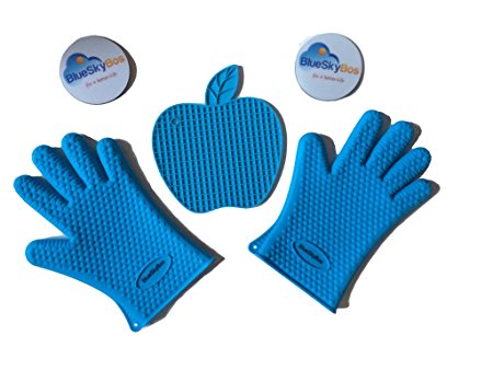 3 IN 1 Set, One Pair of Premium Top Rate Thick Silicone Heat Resistant BBQ Oven Cooking Gloves pot holder, one Apple-Shape Silicone Trivet, two Soft PVC Coffee Coasters (One-Size-Fits-Most, Blue)