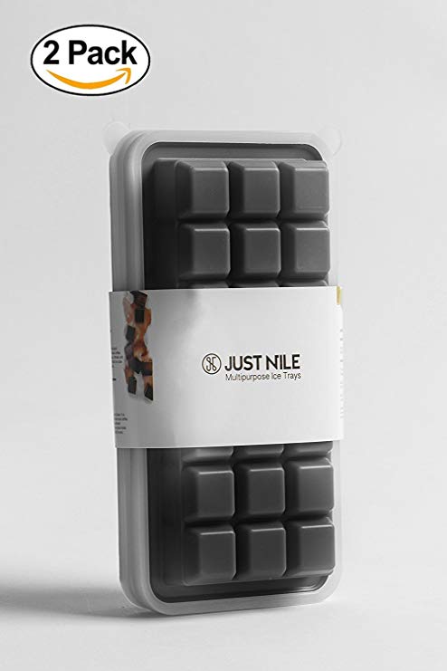 JustNile Pack of 2 Food Grade Easy Release Stackable Silicone Black Ice Cube Trays Molds with Removable Lid for Whisky, Cocktail, Tea, Coffee, Drinks, Beverages