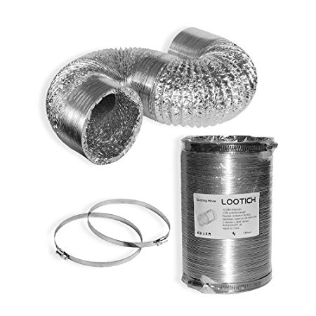 LOOTICH New Version Sturdy 4 Inch 8 Feet Non-Insulated Flex Air Aluminum Ducting Vent Hose for HVAC Ventilation with 2 Stainless Steel Clamps