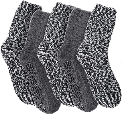 MOGGEI 5 Pairs Fuzzy Socks with Grips Non Slip Skid Slipper Hospital Fluffy Winter Warm Crew Cozy Sleep Cabin Socks for Men Women