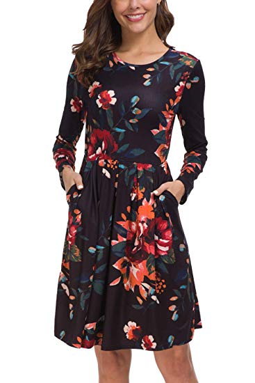 Kranda Women Short/Long Sleeve Round Neck Pleated Loose Swing Floral Midi Dress with Pockets