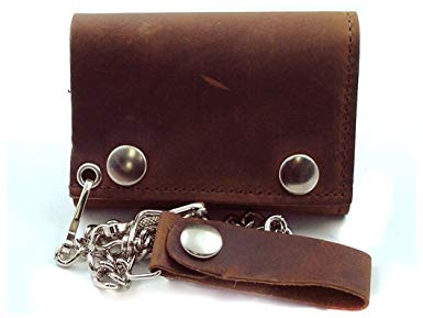 Distressed Natural Brown Leather Trifold Chain Wallet 4" Made in USA