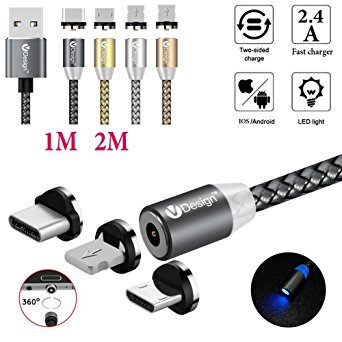 UGI 3 in 1 Magnetic Cable Micro USB Type C Lightning [6.6FT/2.4A] Fast Charging Android USB C Cord for Apple iPhone X 8 7 8 Plus 6 6s 5 se 5s Huawei Samsung Galaxy S4 S5 S6 S7 S8 S9 Plus Edge (Gray)