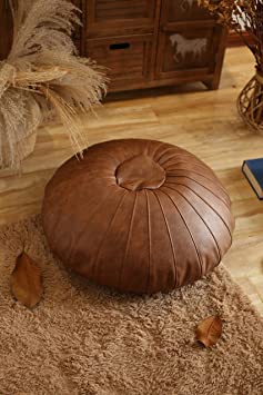 RISEON Boho Handmade Faux Leather Moroccan Pouf Footstool Ottoman Leather Poufs Unstuffed 25.6" x 9.84" -Round Floor Cushion Footstool for Living Room, Bedroom and Under Desk (Tan)