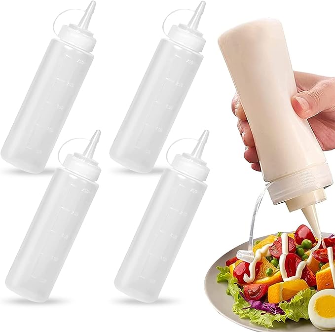 Abnaok Plastic Squeeze Condiment Bottles 4 Pcs, 8oz Food Grade BPA Free Squeezy Sauce Bottles with Cap Reusable Squeeze Containers for Condiments, Ketchup Syrup BBQ Sauce Mustard Salad Dressing