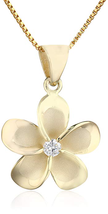 Honolulu Jewelry Company 14k Yellow Gold Plated Sterling Silver CZ Plumeria Pendant Necklace with 18" Box Chain
