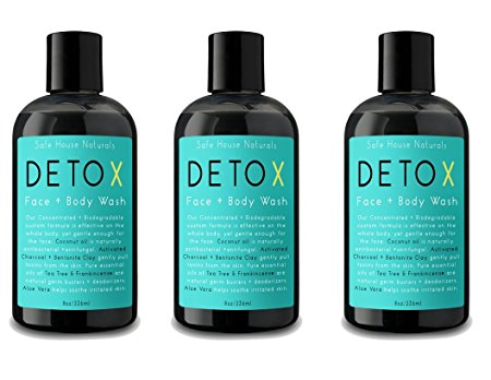 Safe House Naturals Detox Face and Body Wash (3 Pack ) Skin Clearing Cleanser, Activated Charcoal   Organic Aloe for Congested Skin, Tea Tree   Clary Sage Fights Acne , Non Oily , For Men   Women