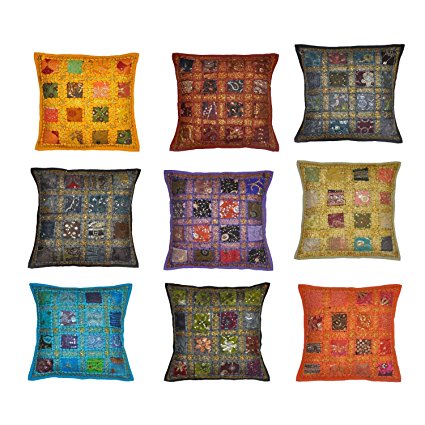 Indian Traditional Handmade Cushion Cover, Decorative Throw Pillow Cases, Embroidered Cotton Cushion Cover Home Decor Toss & Sofa Cover , Sari Patchwork Cushion Cover Indian Vintage Decor Throw Cushion Cover Embroidery Patchwork Pillow Case 16x16 Inches Lot of 10 Pcs