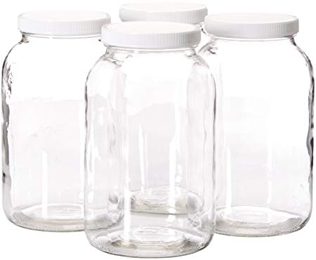 4 Pack- 1 Gallon Glass Jar Wide Mouth with Airtight Foam Lined Plastic Lid - Safe Mason Jar for Fermenting Kombucha Kefir - Storing and Canning- By Kitchentoolz