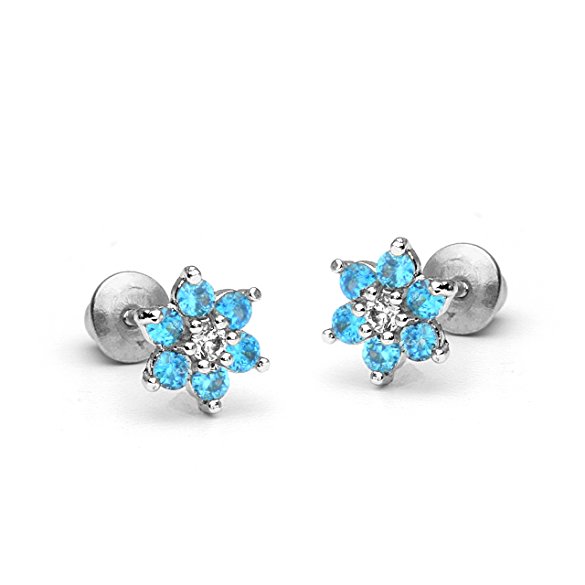 Sterling Silver Rhodium Plated Flower Sky Blue Cubic Zirconia Screwback Baby Girls Earrings