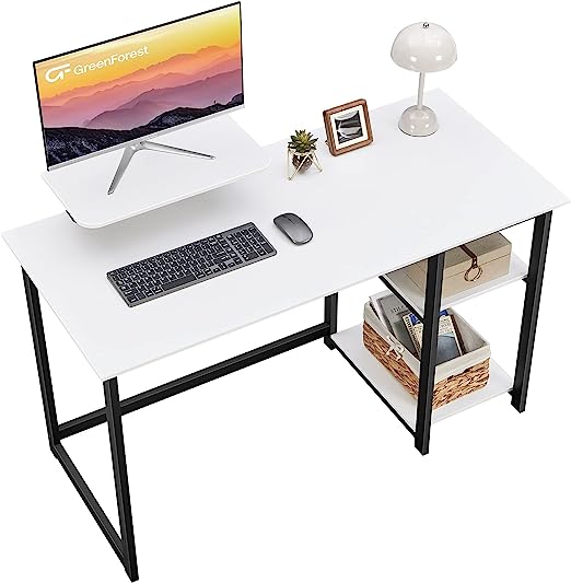 GreenForest Computer Home Office Desk with Monitor Stand and Reversible Storage Shelves,100cm Modern Simple Writing Study PC Work Table,White