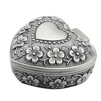AVESON Classic Vintage Antique Heart Shape Jewelry Box Ring Small Trinket Storage Organizer Chest Christmas Gift, Silver