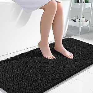 OLANLY Bathroom Rugs 47x24, Extra Soft Absorbent Chenille Bath Rugs, Non-Slip, Dry Quickly, Machine Washable, Bath Mats for Bathroom Floor, Tub and Shower, Black