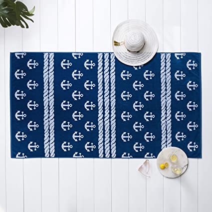 Welhome Jacquard Beach Towel - Set of 2-100% Turkish Cotton - Oversize Towels 40"x72" - Pool & Beach - Supersoft - Ultra Absorbent - Quick Dry - 450 GSM - Anchors Away - Navy
