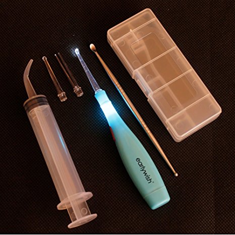 Earlywish LED Lighted Tonsil Stone Removing Tool Blue Color, 3 Tips, Case   1 Stainless Steel Tonsillolith Pick   1 Irrigation Syringe
