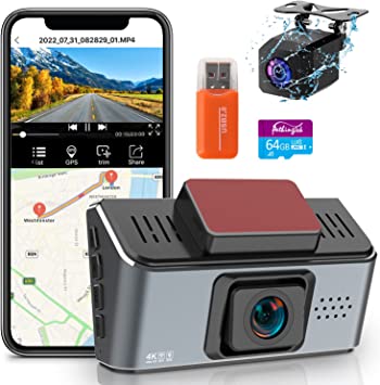 4K Dash Cam Front and Rear with WiFi GPS UHD 2160P Car Dashboard Dual Camera Recorder with Speed Detect 64GB SD Card Included,APP,3.0” IPS,170°Wide Angle,Super Night Vision,Support 512GB Max