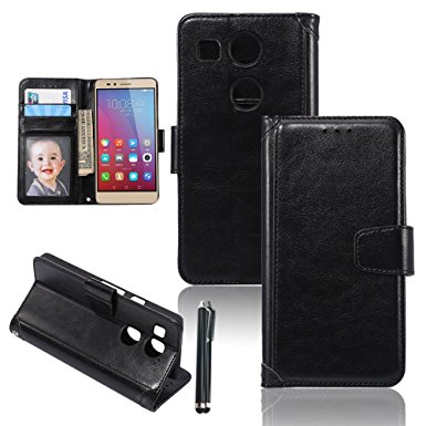 Nexus 5X Case, Cooper GTV Wallet Leather Case with Stand, ID & Credit Card Pocket and Kickstand Flip Cover For LG Google Nexus 5X 2015,Sent Styules Pen(Black)