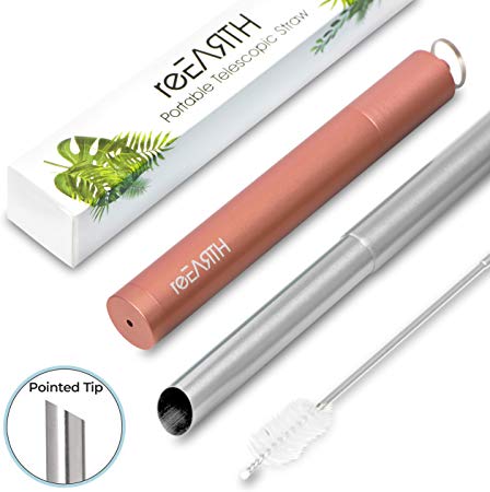 Portable Collapsible Reusable Boba Straw With Pointed Tip, Jumbo Stainless Steel Drinking Straw With Case, With Telescopic Cleaning Brush, Carrying Key Chain - reEARTH (Rose Gold)