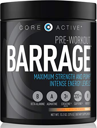 Core Active Barrage Pre-Workout Maximum Strength and Endurance Extreme Pump with Creatine - Intense Energy, Mental Focus, and Improved Workout Performance - Preworkout for Men - Orange (30 Servings)