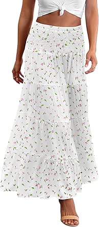 Zeagoo Women's Long Maxi Skirts Tiered Elastic High Waist Boho Double Layered Print A-Line Casual Midi Dress