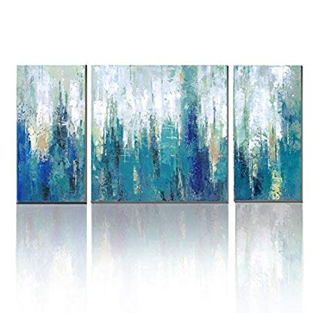 3Hdeko - Blue Abstract Painting Teal Wall Art Large Modern Canvas Print with Embellishment - 3 Pieces Turquoise Wall Decor for Home Living Room Dining Room Bedroom - Ready to Hang