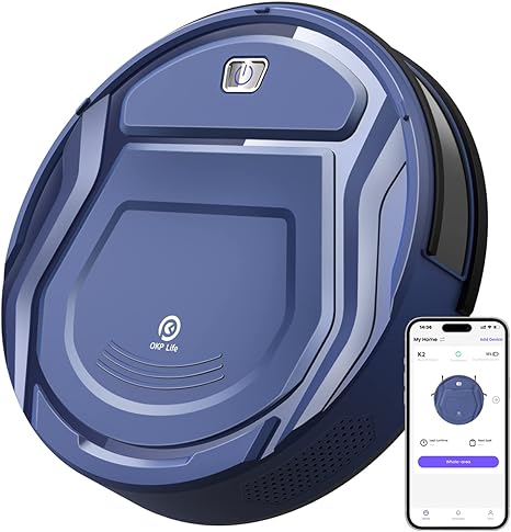 OKP Robot Vacuum Cleaner, Tangle-Free 2200Pa Suction, Slim, Low Noise, App Control, 120 Mins Runtime, Automatic Self-Charging Robotic Vacuum, Ideal for Pet Hair Hard Floor and Daily Cleaning