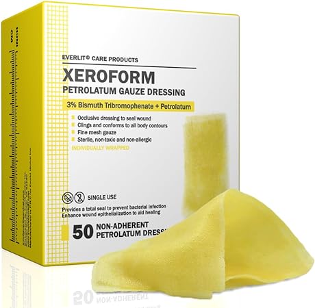 EVERLIT Xeroform Petrolatum Dressing | Sterile, Non-Adherent Occlusive Fine Mesh Gauze Pad | Non-Toxic, Gentle Patch for Burns, Laceration, Surgical Incisions & Skin Grafts (1" x 8" | Pack of 50)