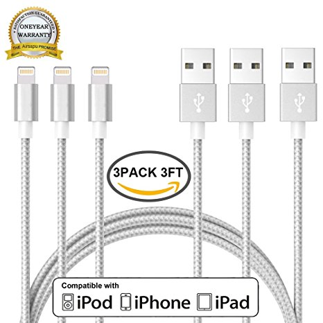 Airsspu Lightning Cable,3Pack 3FT Charger Extra Long Nylon Braided USB Cord certified iPhone Cable for iPhone 5/5S/5C/SE 6/6S 6 Plus/6S Plus 7/7 Plus, iPad mini/Air/Pro(Silver Gray.3FT)
