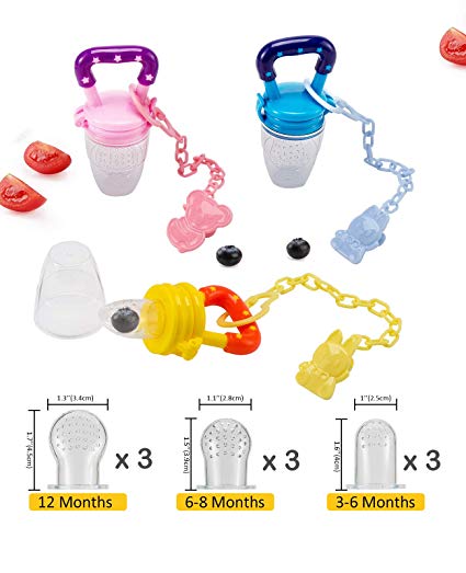 Biubee 3 Pack Silicone Fresh Food Feeder with 3 Pcs Pacifier Clips&9 Different Size Nipples(3 for S, 3 for M, 3 for L), Baby Food Feeder Set for Infant&Toddlers