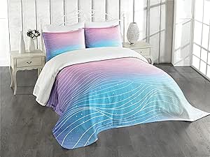 Ambesonne Abstract Bedspread, Nebula Sky Inspired Ombre Effect Pattern with Waves and Spots, Decorative Quilted 3 Piece Coverlet Set with 2 Pillow Shams, King Size, Blue Violet