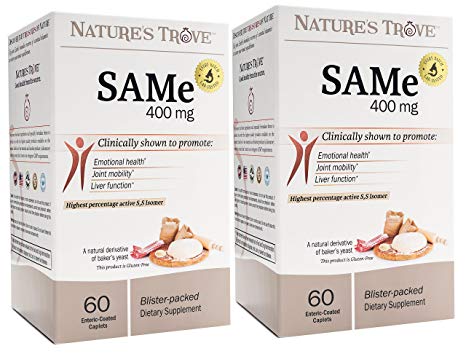 SAM-e 400mg 120 Enteric Coated Caplets (2 Boxes of 60) - Vegan, Kosher, Non-GMO, Soy Free, Gluten Free - Promotes Positive Mood And Joint Comfort - Cold Form Blister Packed - by Nature's Trove