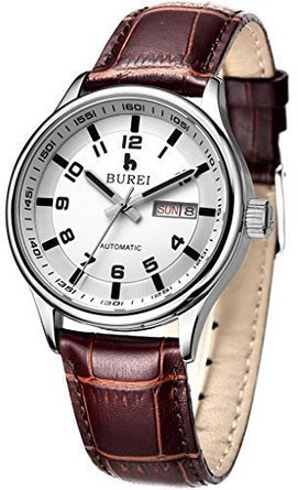 BUREI® Men's BM-5006-01A Gulliver Day and Date Automatic Calfskin Leather Watch (White Dial)