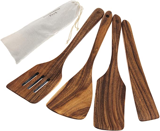 Wooden Spatula for Cooking, Kitchen Spatula Set of 4, Natural Teak Wooden Utensils including Wooden Paddle, Turner Spatula, Slotted Spatula and Wood Scraper. Nonstick cookware.