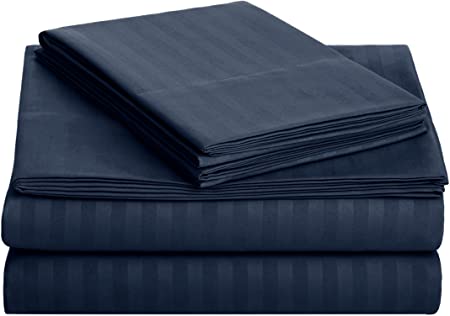 AmazonBasics Deluxe Striped Microfiber Bed Sheet Set - Twin Extra-Long, Navy Blue