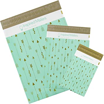 Inspired Mailers - Poly Mailers Variety Pack of 30 (10 Each: 6x9, 10x13, 14.5x19 Sizes) - Arrows Deluxe (Seafoam/Gold) - Shipping Envelopes