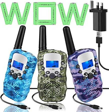 Topsung 3 Walkie Talkie Rechargeable for Kids Two Way Radios Long Range with Charger Batteries, Upgraded Version Portable Walky Talky for Camping (Camo Purple Green Blue)