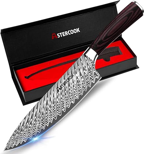 Chef Knife, Japanese Pro 8 Inch Kitchen Knife, High Carbon Stainless Steel with Damascus Pattern, Ergonomic Acacia Wood Knife Handle, Super Sharp Chef's Knives with Gift Box