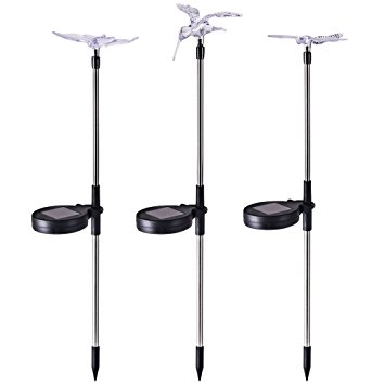Homemory 3PCS Solar LED Garden Lights, Rechargeable, Color Changing, Wireless, hummingbird, Butterfly, Dragon Fly on Stainless Steel Stake, Decor for Fence, Yard, gardens, flowerbed