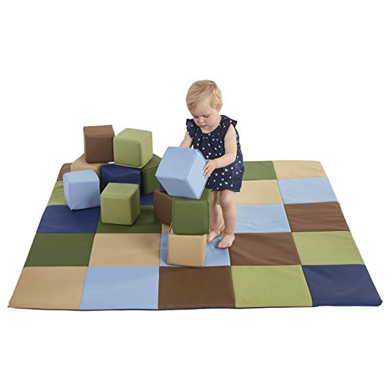 ECR4Kids Softzone Patchwork Toddler Play Mat with 12 Soft Blocks, Earthtone