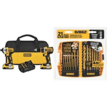 DEWALT DCK281D2 20V Max XR Lithium Ion Brushless Compact Drill/Driver & Impact Driver w/ DW1361 Titanium Pilot Point Drill Bit Set, 21-Piece