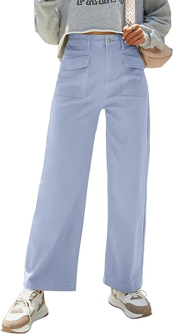 Dokotoo Womens Cargo Pants Women Baggy Wide Leg High Waist Casual Pants Jean Stretch Pants