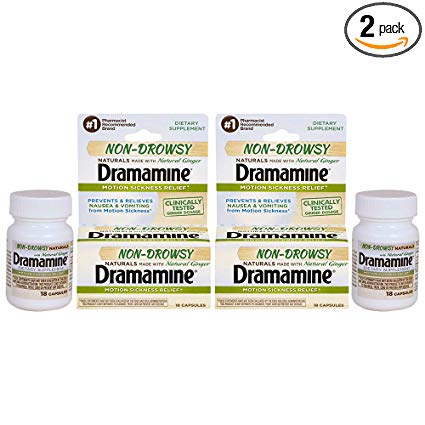 Dramamine Motion Sickness Relief Non-Drowsy Naturals, Made with Natural Ginger, 18 Count, Pack of 2