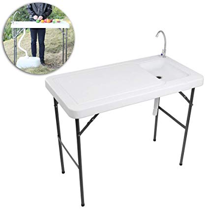 VINGLI Outdoor Folding Fish and Game Cleaning Table w/Sink| Portable & Durable, Standard Garden Connection, Upgraded Drainage Hose, Stainless Steel Faucet