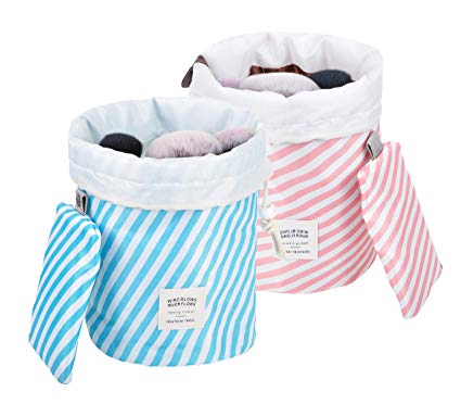 Vercord Barrel Shaped Printed Travel Makeup Cosmetics Toiletry Shaving Bathroom Toilety Carry Portable Bag Kit Storage Organizer Bucket Waterproof Drawstring, 2 Set Striped