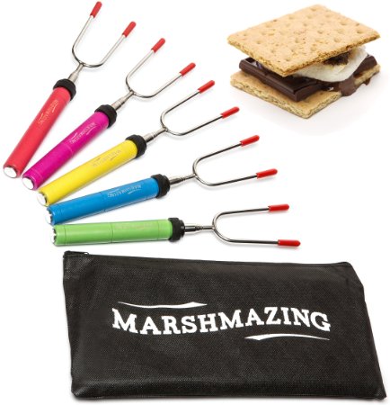Premium Marshmallow Roasting Sticks Set of 5 Telescoping Smores Skewers and Hot Dog Fork Stainless Steel Non Toxic Child Friendly BPA Free Camping Cookware For Kids and Adults FREE Canvas Pouch